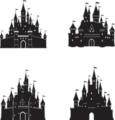 Fototapeta premium Four silhouette castles with towers and flags on a white background