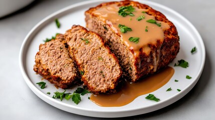 Sliced Meatloaf with Gravy and Parsley Garnish on a White Plate, Close-Up View, Simple Meal