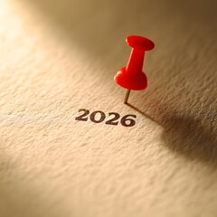 Red pushpin marking the year 2026 on textured paper