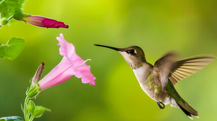 Ruby-throated Hummingbird (Male) with a Mandevilla Flower