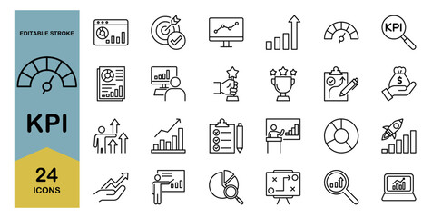 KPI line icon set – Includes performance , strategy and analysis. Editable stroke. Vector illustration.