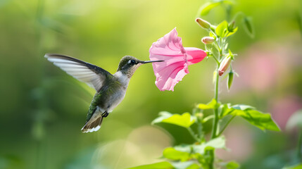 Ruby-throated Hummingbird (Male) with a Mandevilla Flower