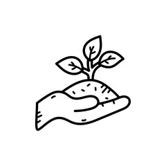 Hand Holding Soil With A Small Green Plant Sprouting With Simple Line Art Style Isolated On Transparent Background