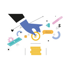 Hand in blue glove placing gold coin with dollar sign into transparent container surrounded by abstract shapes and colorful elements representing financial growth and investment concept