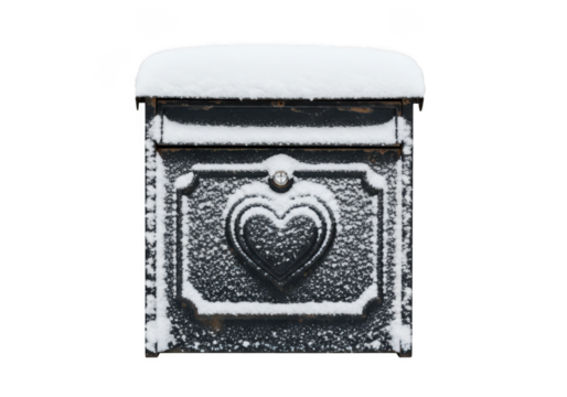 Snow covered mailbox with heart design, winter weather, post office delivery box, outdoor decor, cold season, snowy mailbox isolated on transparent background