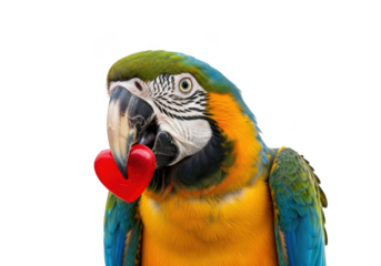 Colorful macaw parrot holding red heart valentine love bird tropical wildlife pet animal photography image isolated on transparent background