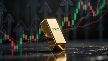 Shiny gold bar standing upon reflective surface featuring the rising financial chart within the background, illuminated by soft studio lighting, symbolizing growth and market investment trends