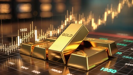 Shiny gold bars rest upon the digital financial chart showing a rising market trend under warm studio lighting, symbolizing wealth, investment, and economic growth within a modern trading environment