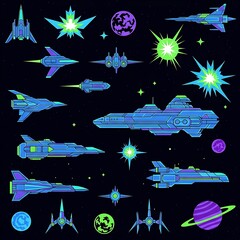 Neon Spacecraft Collection - Retro Sci-Fi Vector Graphics.