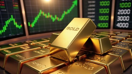 Shiny stacked gold bars illuminated by warm light within front of digital trading screens showing rising market charts, symbolizing financial growth and investment trends in the modern setting