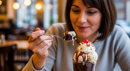 Woman Enjoying a Chocolate Sundae with Whipped Cream and Cherry.