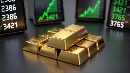 Shiny gold bars stacked upon the reflective surface surrounded by digital trading screens showing rising green stock charts, symbolizing financial growth and investment success