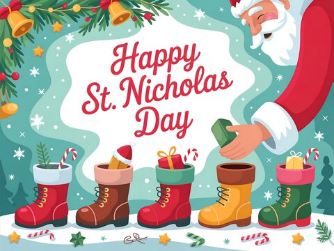 Santa claus fills festive christmas stockings with gifts on happy st nicholas day celebration
