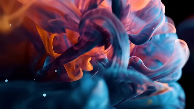 Colorful abstract swirls of ink merge and dance in a dark background, creating a mesmerizing visual effect