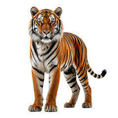 Magnificent tiger with orange and black stripes stands alert