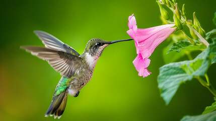 Ruby-throated Hummingbird (Male) with a Mandevilla Flower