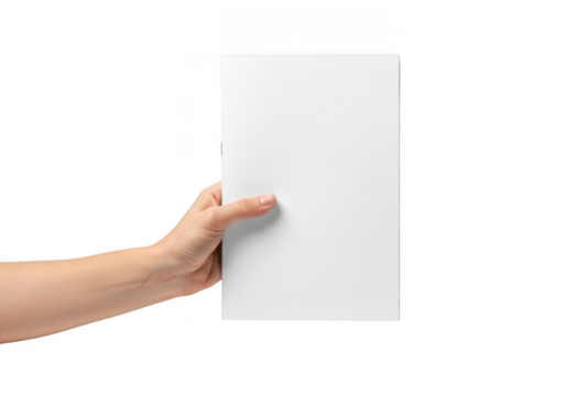 Hand holding blank white paper sheet mockup template presentation advertisement promotion isolated on transparent background