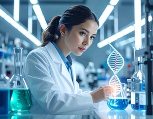 Scientist using AI technology in genetic research with DNA structure and chemical flasks