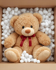 Obraz premium teddy bear, stuffed animal, plush toy, soft toy, gift, present, for kids, for adults, birthday gift, Christmas present, Valentine's day, new, in box, packaged, cardboard box, packing peanuts, white 