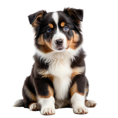 Adorable tri-color puppy with bright blue eyes sitting against black backdrop