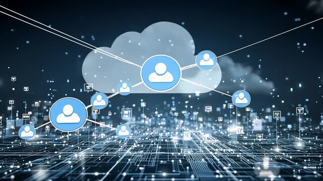 Digital network connecting users through cloud technology with data streams and icons in background