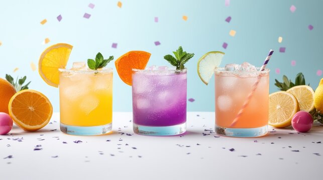 Colorful Cocktails with Citrus Fruit and Confetti, Party Celebration Drinks with Orange, Lemon, and Lime Garnish, Festive and Fun