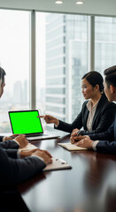 Young Businesswoman Presenting Project with Laptop Mockup