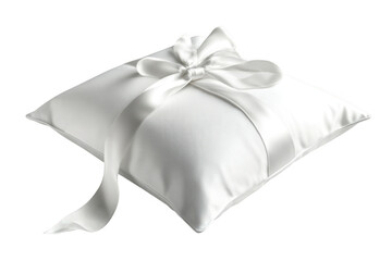 Elegant white satin wedding ring bearer pillow with bow for ceremony and decoration isolated on transparent background