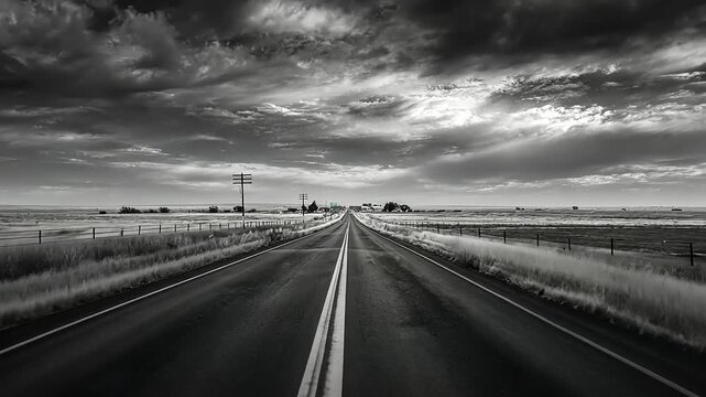 Serene black and white landscape featuring an empty road stretching into the horizon under dramatic clouds
