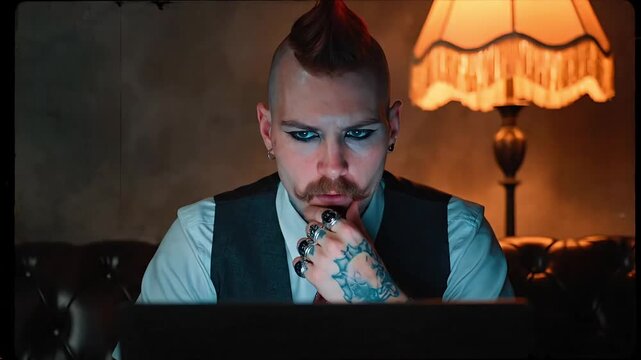 Focused man with mohawk and mustache working intently at a computer in a dimly lit room
