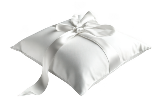 Elegant white satin wedding ring bearer pillow with bow for ceremony and decoration isolated on transparent background