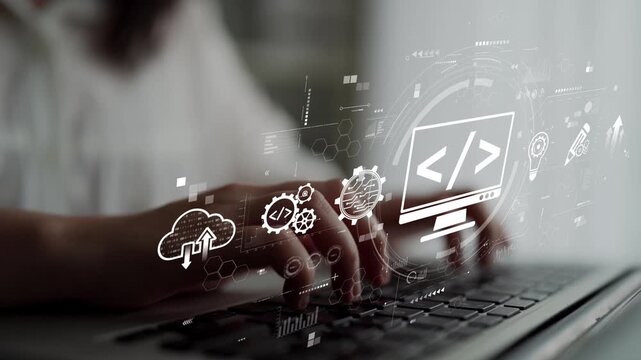 Modern web development concept featuring coding symbols, web development process, web development interface, and web development tools with futuristic design. Muxer