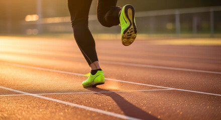 Close-up of runner’s feet on track at sunrise