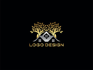Luxury real estate logo with golden tree — elegant property brand design for modern architecture firm