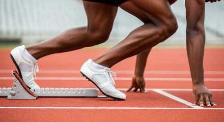 Close-up of sprinter in starting position on track
