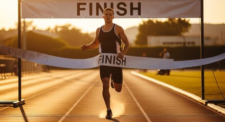 Runner crossing finish line at sunset race