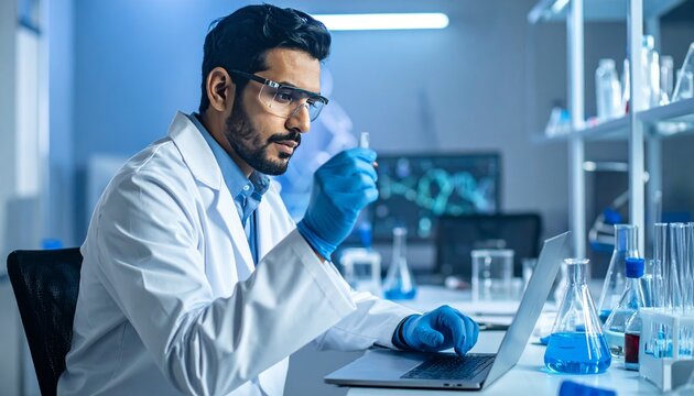 Scientist using AI technology in genetic research with DNA structure and chemical flasks