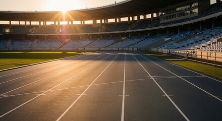 Empty athletics stadium track at sunrise