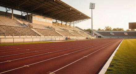 Empty athletics stadium with red running track at sunrise