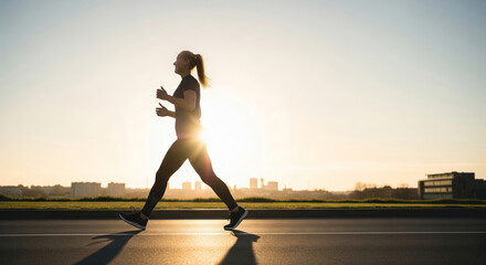 Woman jogging at sunrise on city road