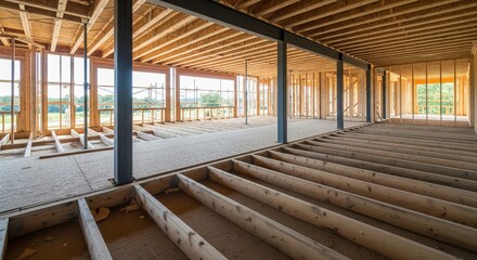 Wood frame house under construction with joists