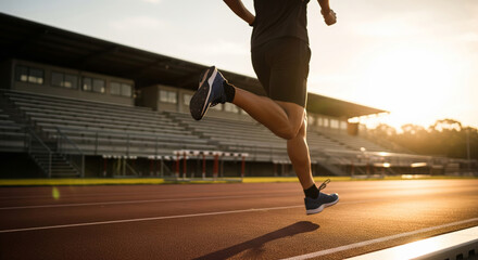 Athlete running on track at sunrise