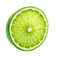Sliced lime reveals juicy texture. Vividly green. Dark background