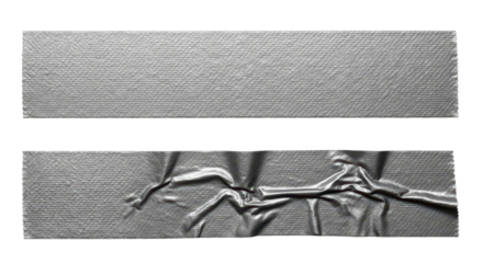Two strips of blaster duct tape, one wrinkled and one smooth. Isolated on transparent background, png
