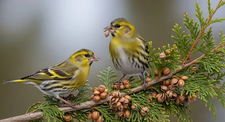 Poster de jardin  European Siskins Perched on a Branch - A Study in Avian Beauty.  © andara