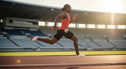 Athlete sprinting on track at empty stadium