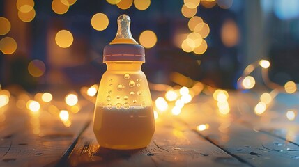 A photo of a baby bottle with milk.