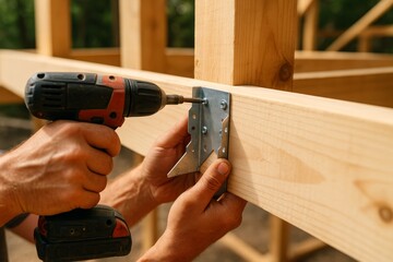 Man using power drill to assemble wooden frame