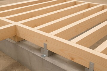 Wooden floor joist framing on concrete foundation