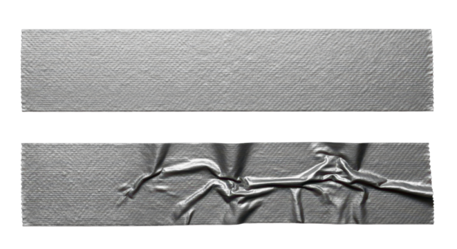 Two strips of blaster duct tape, one wrinkled and one smooth. Isolated on transparent background, png